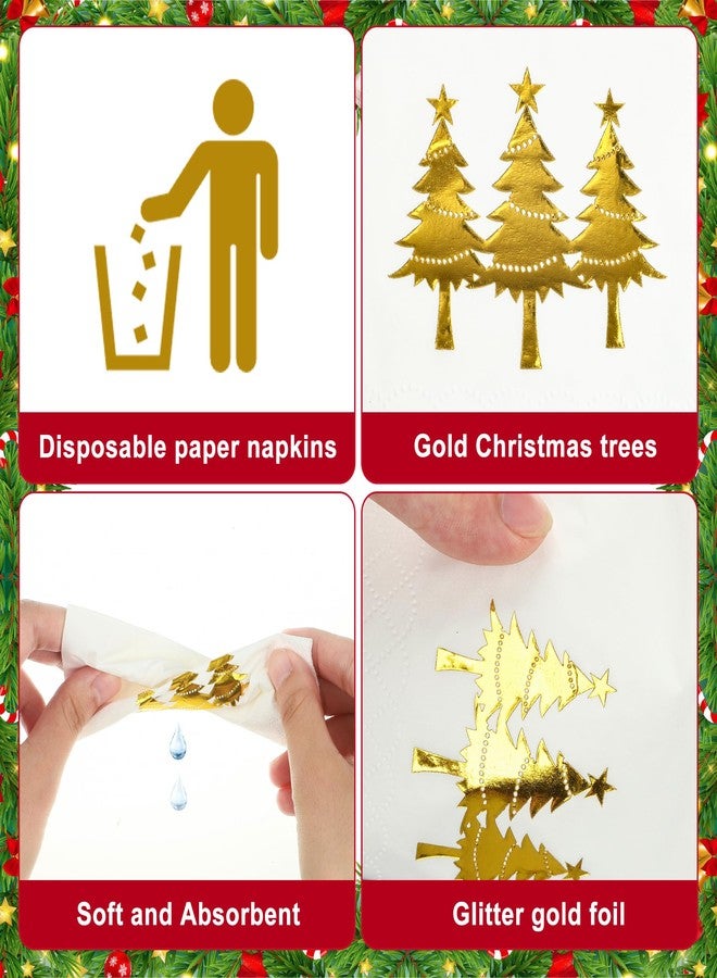 peony man 100 PCS Christmas Cocktail Napkins Christmas Gold Foil Paper Napkin Xmas Tree Disposable Napkins 3 Ply White and Gold Beverage Napkin for Xmas Holiday Kitchen Dinner Party Supplies, 5 x 5 Inch - Image 3